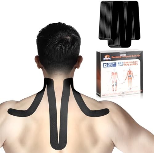 Kinesiology Tape for Shoulder&Neck, 12 Count Shoulder&Neck Tape Precut, KTQUICK Original Cotton Waterproof & Breathable, Enhance Elastic Kinesiology Athletic Tape for Shoulder&Neck Support (Black)