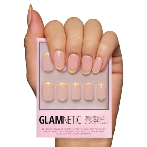 Glamnetic Press On Nails - French Butter | Short Round Yellow French Tips with a Glossy Finish, Fake Nails, Reusable | 15 Sizes - 30 Nail Kit with Glue