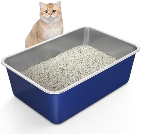 Stainless Steel Cat Litter Box - Large Litter Box for Big Cats - Easy to Clean, Never Absorbs Odor, Stains, or Rusts - Blue (23.5" L x 15.5" W x 8" H)