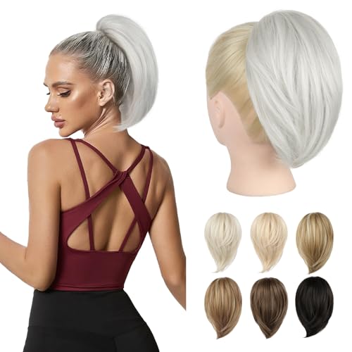 Ponytail Extension, 10" Short Claw Clip in Ponytail Hair Extensions Messy Bun Hair Piece Natural Soft Synthetic Straight Pony Tail Hair Pieces for Women - Silver