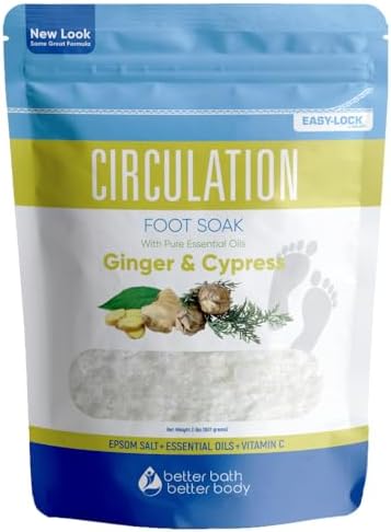 Circulation Foot Soak 32 Ounces (2 Lbs) Epsom Salt with Pure Essential Oils Ginger and Cypress Essential Oils Plus Vitamin C in BPA Free Pouch with Easy Press Lock Seal