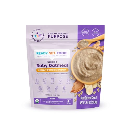 Ready, Set, Food! Organic Baby Oatmeal Cereal | Peanut Butter Banana - 1 Pack | Organic Baby Food with 9 Top Allergens: Peanut, Egg, Milk, Cashew, Almond, Walnut, Sesame, Soy & Wheat | Unsweetened | Fortified with Iron - 15 servings