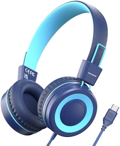 Upgrade USB Type C Kids Headphone for School, 94dB Safe Volume Limited, HD Stereo Sound, Foldable Lightweight On-Ear Headphones for Boys/Girls/Students/Tablet/Travel (Dark Blue)
