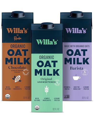Willa's Organic Oat Milk - Unsweetened Oatmilk, Non-GMO, Shelf Stable, Low Sugar, Non-Dairy Milk, Made from Whole Grain Oats, No Oil, No Gums, 32oz, Discovery Pack