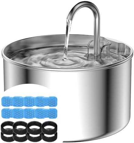 AOOGITF Cat Water Fountain + 8 Filters + 8 Sponges, 304 Stainless Steel Pet Water Fountain, 24 Hours Keep The Water Clean, 74oz Capacity, Ultra-Quiet, No Sputter, Compact, Easy Cleaning
