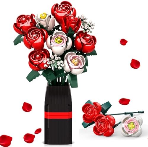 Flower Bouquet Building Set, Artificial Roses Toy Building Set with Vase, Building Blocks Flower Brick Toys, for Home Office Decoratin, Christmas, Mother's Day, or Valentine's Gifts, 841 PCS