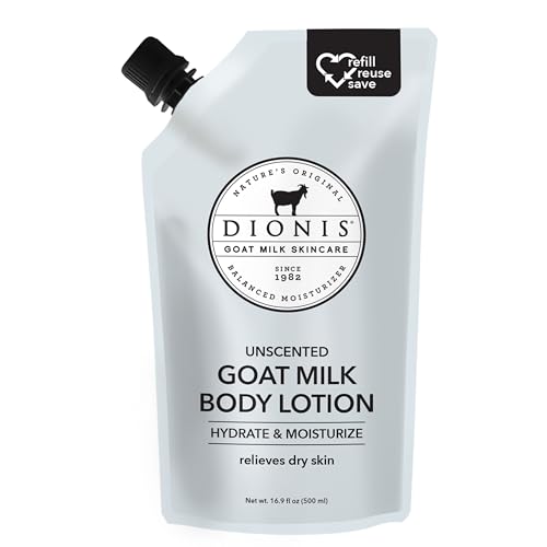 Dionis Goat Milk Skincare Body Lotion 16.9oz Refill Pouch, Cruelty Free Clean Ingredients & Dermatologist Tested Lotion for Dry Skin, Hydrating & Deeply Moisturizing Rich in Vitamins, Unscented