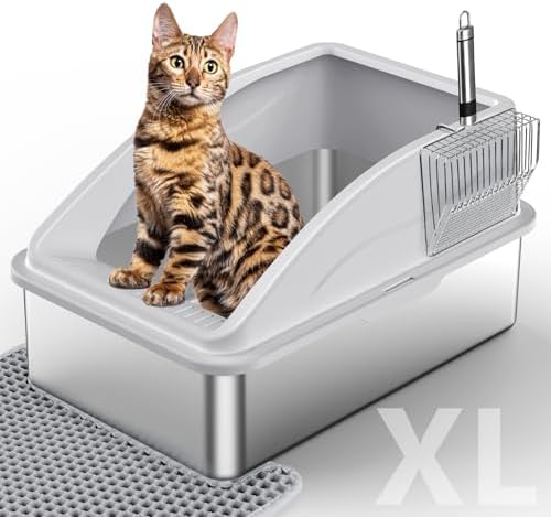 Stainless Steel Cat Litter Box, Extra Large Litter Boxes for Big Cats, XL Metal Cat Litter Box with Lid, Anti-Urine Leakage, Non-Sticky, Include Cat Mat and Litter Scoop