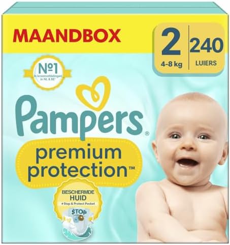 Pampers Premium Protection, Size 2, 240 Nappies, 4-8 kg, Double Protection for Skin and Leaks with Stop & Protect Pocket to Help Capture Leaks, Pack 1 Month