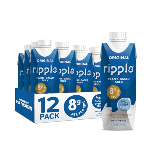 Ripple Original Plant Based Milk | 8g of Quality Sourced Pea Protein, Calcium Rich | Shelf Stable | Vegan & Non GMO Certified | Dairy, Soy, Nut, Gluten, & Lactose Free | 8 Fl Oz Cartons (Pack of 12)