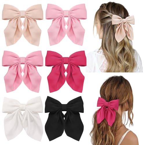 6Pcs Hair Bows for Women, Bow Hair Clips, Silky Satin Hair Bows for Girls, Pink Hair Ribbon, Cute Bow Clips for Women, Hair Accessories Valentine's Day Gifts