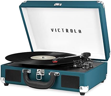 Victrola Vintage 3-Speed Bluetooth Portable Suitcase Record Player with Built-in Speakers | Upgraded Turntable Audio Sound | Blue Coral