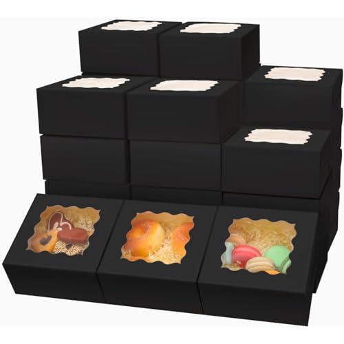 Bakepacker Black Bakery Boxes with Window 6x6x3 inches Thick & Sturdy Macaroon Pastry Boxes Cookie Boxes for Bakerys（60-Packs）