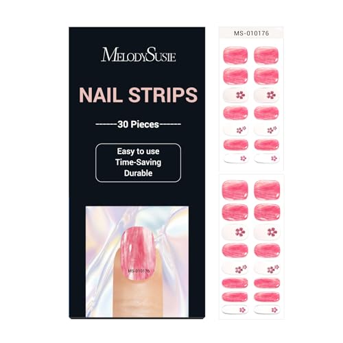 MelodySusie 30PCS Semi Cured Gel Nail Strips (Pink Glitter Flower), Works with Nail lamp, Salon Quality, Long Lasting, Easy to Apply and Remove, Includes 2 Prep Pads, Nail File and Wooden Stick