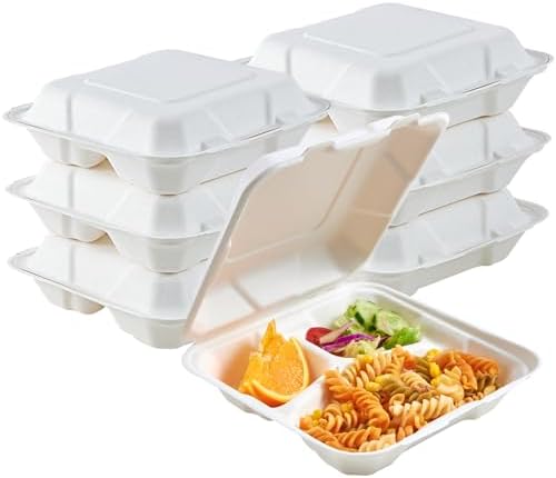 ECOLipak 50 Pack Clamshell Take Out Food Containers, 100% Compostable Disposable To Go Containers, 8X8 inch Heavy-Duty To Go Boxes for Food