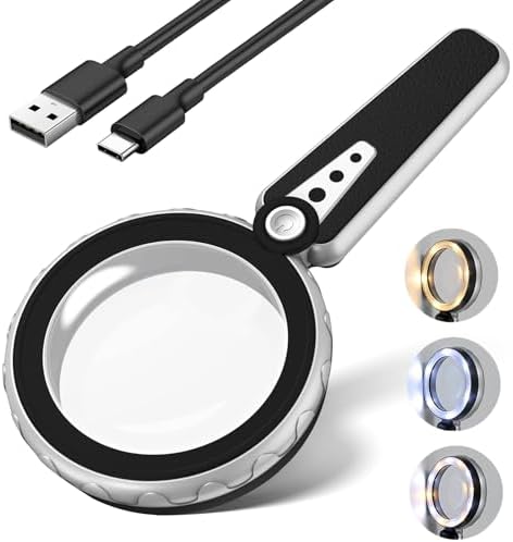 45X Magnifying Glass with Light, 4.6 Inch 1200mAh USB Rechargeable Large Handheld Magnifier, 3 Color Modes, Perfect for Low Vision Seniors, Macular Degeneration & Fine Print (Black)