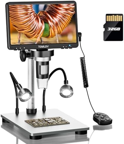 TOMLOV DM9 7" LCD Digital Microscope 1200X, 1080P Coin Microscope Magnifier, 12MP Ultra-Precise Focusing Soldering Microscope for Adult, PC View, 32GB