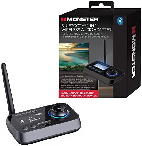 Monster 2 in 1 Bluetooth Wireless Audio Adapter, Transmitter/Receiver, Turn Non-Bluetooth Devices Compatible, Works with TVs, Gaming Consoles, etc., Stream Audio from One Device to Headphones
