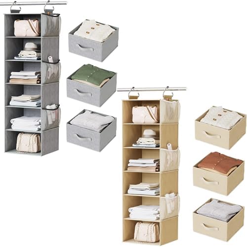 Pipishell Hanging Closet Organizer 6-Shelf, Hanging Shelves for Closet with 3 Removable Drawers & Side Pockets, Hanging Shelf Organizer for Bedroom or Garment Rack, 12'' x 12'' x 43.3'', Gray& Beige
