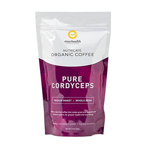 Enerhealth Botanicals NutriCafé Pure Cordyceps – Fairly Traded, Low Acid, Medium Roast Whole Arabica Bean Coffee, Infused with Organic Mushroom Extracts to Increase Vitality, Stamina, & Energy – 12 oz