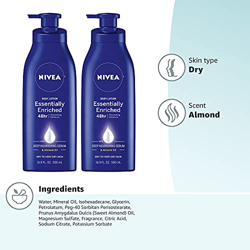 NIVEA Essentially Enriched Body Lotion for Dry Skin, Pack of 2, 16.9 Fl Oz Pump Bottles