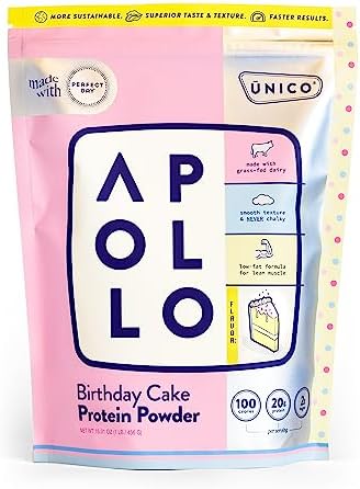 Unico Apollo Birthday Cake Batter Protein Powder w/Rainbow Sprinkles | Smooth Texture & Non-Chalky | Made w/ 100% Grass-Fed Whey Plus Casein and Egg White | Low Carb, Low Sugar, Low Calorie