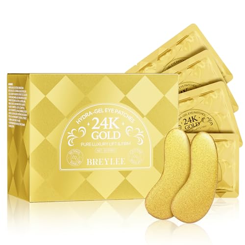 BREYLEE Under Eye Patches (60 pcs), 24K Gold Eye Masks for Reducing Wrinkles and Fine Lines Under eye, Puffy Eyes and Dark Circles Treatments, Improve and Firm eye Skin, Pure Natural Extract