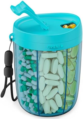 PULIV Large Supplement Organizer Bottle, Holds Plenty of 6 Various Vitamins in 1 Pill Dispenser with Anti-Mixing & Wide Openings Design, Easy to Retrieve Meds, Includes 20 Pcs Stick-on Labels Blue