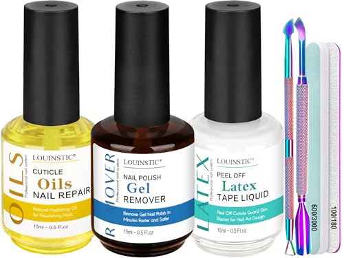 LOUINSTIC Gel Nail Polish Remover - Gel Polish Remover Kit with Cuticle Oil & Latex Tape & Colored Peel Off Manicure Tools, Gel Remover for Nails 2-5 Minutes, No Soaking,Wrapping