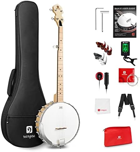 Vangoa 5 String Banjo Open Back Full Size, Clawhammer Banjo Beginner Kit with Frosted Remo Head, Maple Banjo with Geared 5th Tuner, Natural