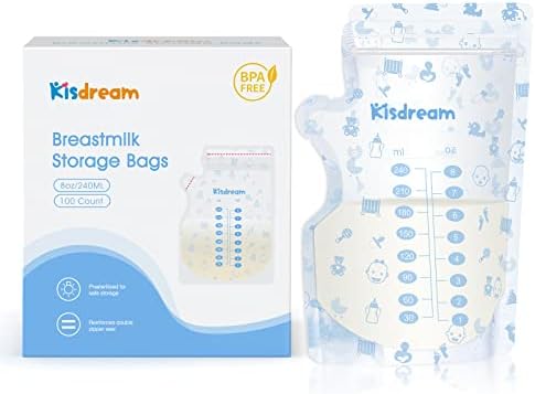 Storage Breastmilk Bags for Baby with Container Spout & Thickened Design, Large Capacity 8 OZ, 100 Count Milk Storage Bags for Easy Labeling, Double Zipper Seal & Fits All adapters BPA-Free