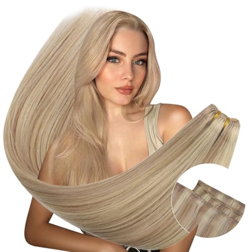 Ugeat Weft Hair Extensions Real Human Hair Sew in Ash Blonde Highlights Light Blonde Hair Extensions Hand Tied Weft Hair Extensions Human Hair Sew in 24inch 100G