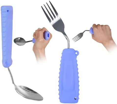 Adaptive Utensils,Curved Angled Spoon and Fork Set,for Tremors Parkinsons Limited or Elderly,Lightweight Cutlery with Non-Slip Easy Grip Handles