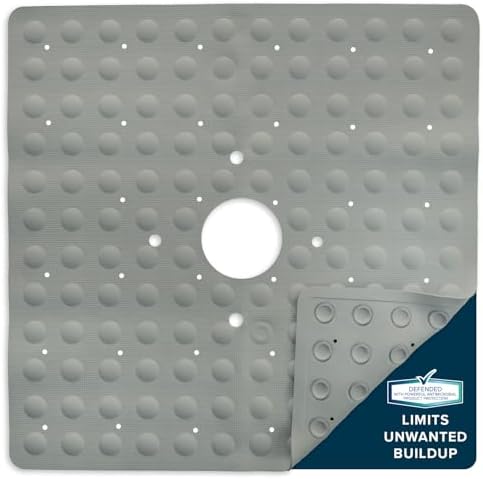 SlipX Solutions Square Natural Rubber Shower Stall Mat, 21” x 21”, Non Slip Safety, Built-in Product Protection, 140 Power Grip Suction Cups, Center Drain Hole, Tan
