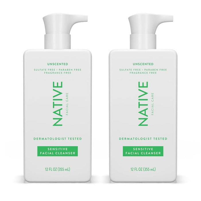 Native Sensitive Face Wash, Spa Day Every Day Facial Cleanser (2 Pack) | Daily Face Cleaner with Aloe and Vitamin B3, Unscented, 12 fl oz