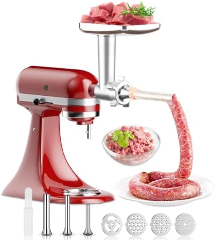 Meat Grinder for KitchenAid Mixer, Meat Grinder Attachment with 4 Grinding Plates, 3 Sausage Stuffer Tubes, 2 Grinding Blades, Attachment for Kitchenaid Mixers