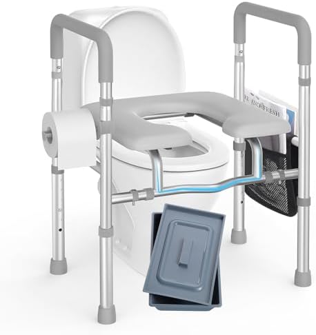 Raised Toilet Seat with Handles -HSA 400LB Adjustable Width Height Elevated Toilet Seat Riser for Seniors with Cozy Padded Armrests Handles Paper Holder Bedside Commode for Elderly, Silver