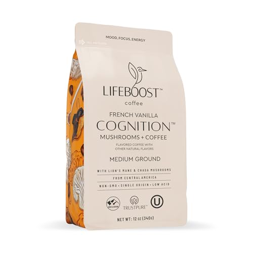 Lifeboost French Vanilla Cognition Mushroom Coffee - Lions Mane & Chaga Nootropic Coffee - Low Acid Medium Organic Coffee - Increase Energy, Boost Focus & Immune Support - 12 oz Bag - Ground