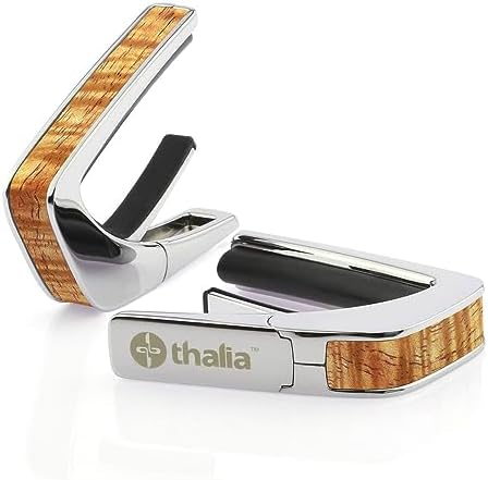 Thalia Guitar Capo - Exotic Series (New Model with (2) Universal OctaveTouch Fret Pads) Chrome - AAA Hawaiian Koa