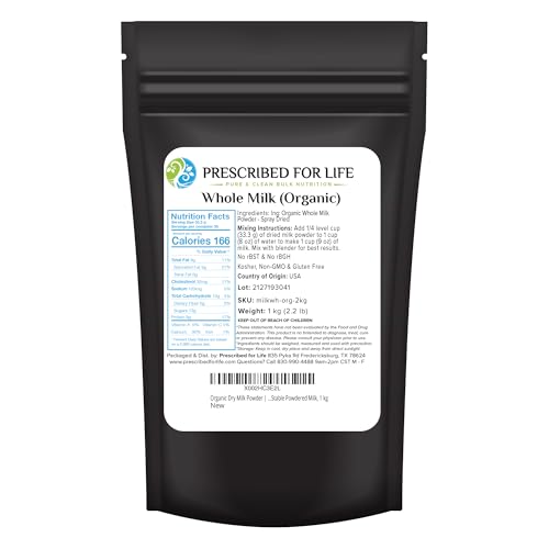 Prescribed For Life Organic Dry Milk Powder, USDA Grade A Whole Milk rBST & rBGH Free, Non GMO, Kosher, Shelf Stable Whole Milk Powder (1kg / 2.2lb)