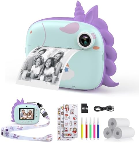 Kids Camera Instant Print, Selfie Digital Camera for Kids with Print Paper & 32G Card, 2.5K Video & Instant Print Camera with Color Pens for DIY, Fun Gift for Girls Boys 3-12 Years Old (Green)