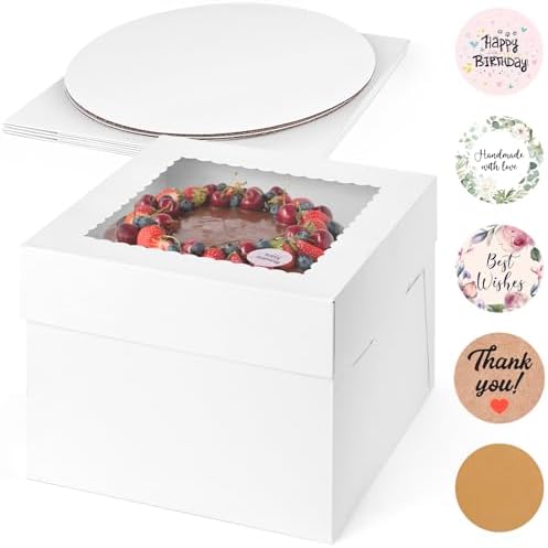 VGOODALL 10 Pack Cake Boxes, 10x10x8 Inches Tall Cake Box with Window and Cake Boards Disposable Cake Containers with Lids White Bakery Boxes for Birthday Party Wedding