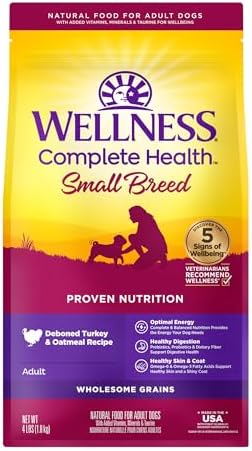 Wellness Complete Health Small Breed Dry Dog Food with Grains, Natural Ingredients, Made in USA with Real Turkey, For Dogs Up to 25 lbs, (Adult, Turkey & Oatmeal, 4-Pound Bag)