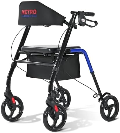 Metro Mobility Rollator Walker with Seat for Seniors, Foldable Lightweight Rolling Walker, 8" Big Wheels for All Terrain, 300 lb. Weight Capacity, Blue