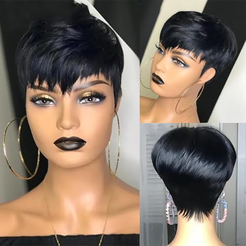 Short Bob Wigs for Black Women Human Hair Wig Pixie Cut Wig Human Hair Glueless Wig with Bangs Natural Black Straight Hair Short Layered None Lace Front Wig Full Machine Made Wig 1B Color