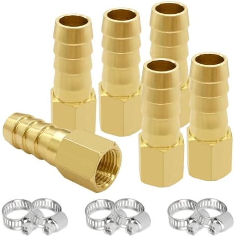 6PCS Brass Hose Barb Fittings 1/8" NPT Female to 5/16" Barb Adapter Connector Include 6 Stainless Steel Clamps for Water/Oil/Gas