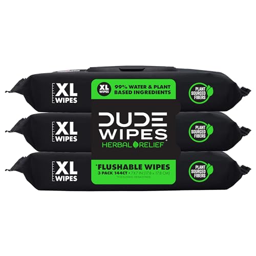 DUDE Wipes - Flushable Wipes - 3 Pack, 144 Wipes - Herbal Relief Extra-Large Wet Wipes - Witch Hazel & Geranium Essential Oils - Septic and Sewer Safe Butt Wipes For Adults