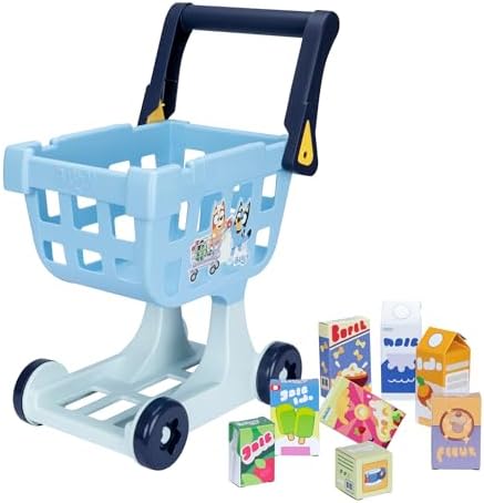 Bluey The Shopping Trolley | with Free-Rolling Wheels and Rotating Handle. The Ideal Size for Toddlers | Stands at 19.3 Inch Tall | 8 Colorful Cardboard Shopping Goods are Included with This Trolley