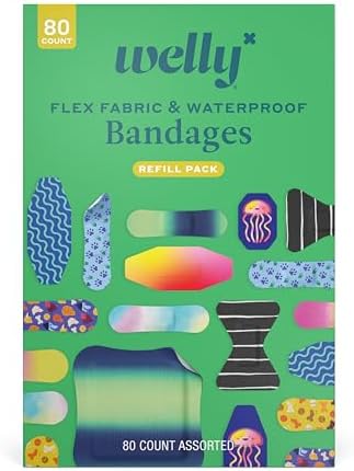 Welly Bandage Family Pack | Adhesive Flexible Fabric & Waterproof Bandages | Assorted Shapes and Patterns for Minor Cuts, Scrapes, and Wounds - 80 Count