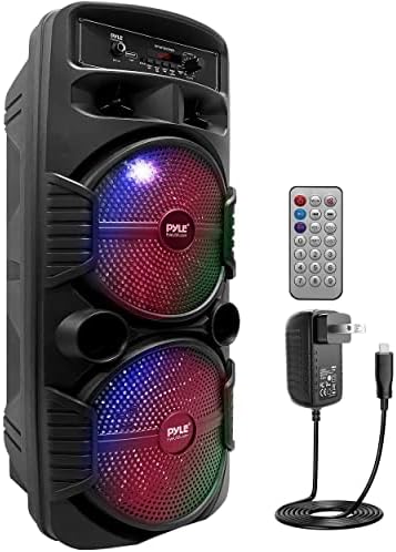 Pyle Portable Bluetooth PA Speaker System - 600W Rechargeable Outdoor Bluetooth Speaker Portable PA System w/ Dual 8” Subwoofer 1” Tweeter, Microphone In, Party Lights, USB, Radio, Remote - PPHP2835B